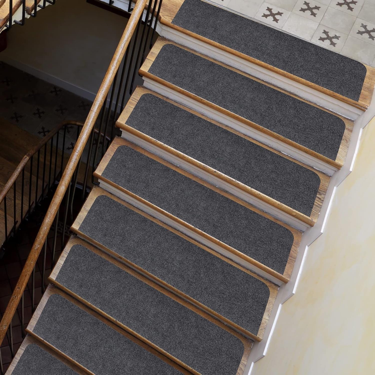 8X30In 15PCS Non-Slip Stair Treads Carpet, Self-Adhesive Stair Treads for Wooden Steps, Indoor Safety Staircase Step Treads, anti Slip Stair Runner Mats for Elders, Kids and Dogs (Dark Grey)