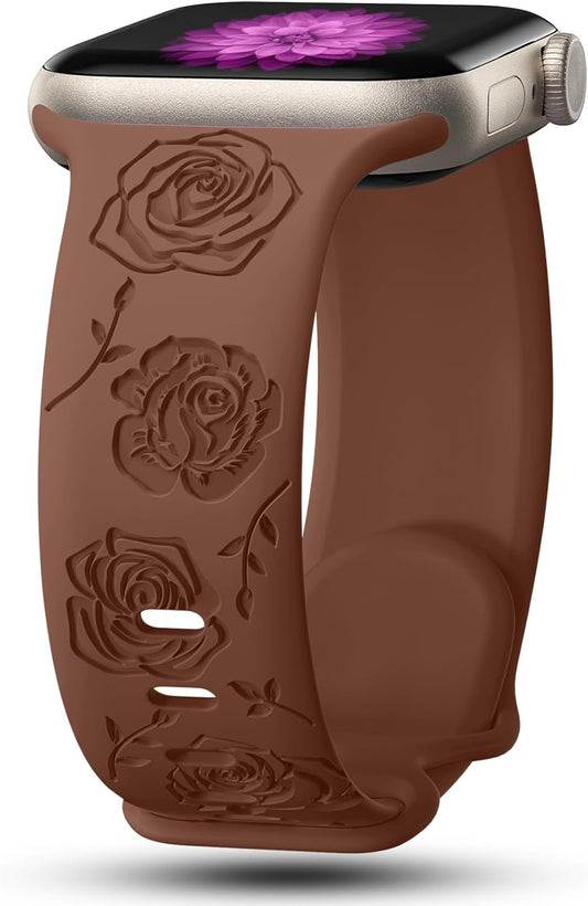 Floral Engraved Bands Compatible with Apple Watch Band 41Mm 40Mm 38Mm 49Mm 45Mm 44Mm 42Mm Women, Silicone Rose Embossed Strap for Iwatch Bands Series SE 9 8 7 6 5 4 3 2 1