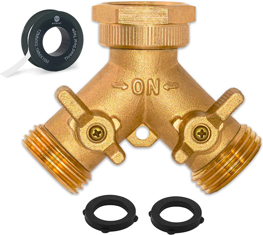 Heavy Duty Brass 2 Way Y Splitter Garden Hose Hexagonal Connector with Comfortable Grip Shut off Valves, Adapter for Water Tap, Outlet, & Spigot, Includes 2 Extra Rubber Washers & Teflon Tape