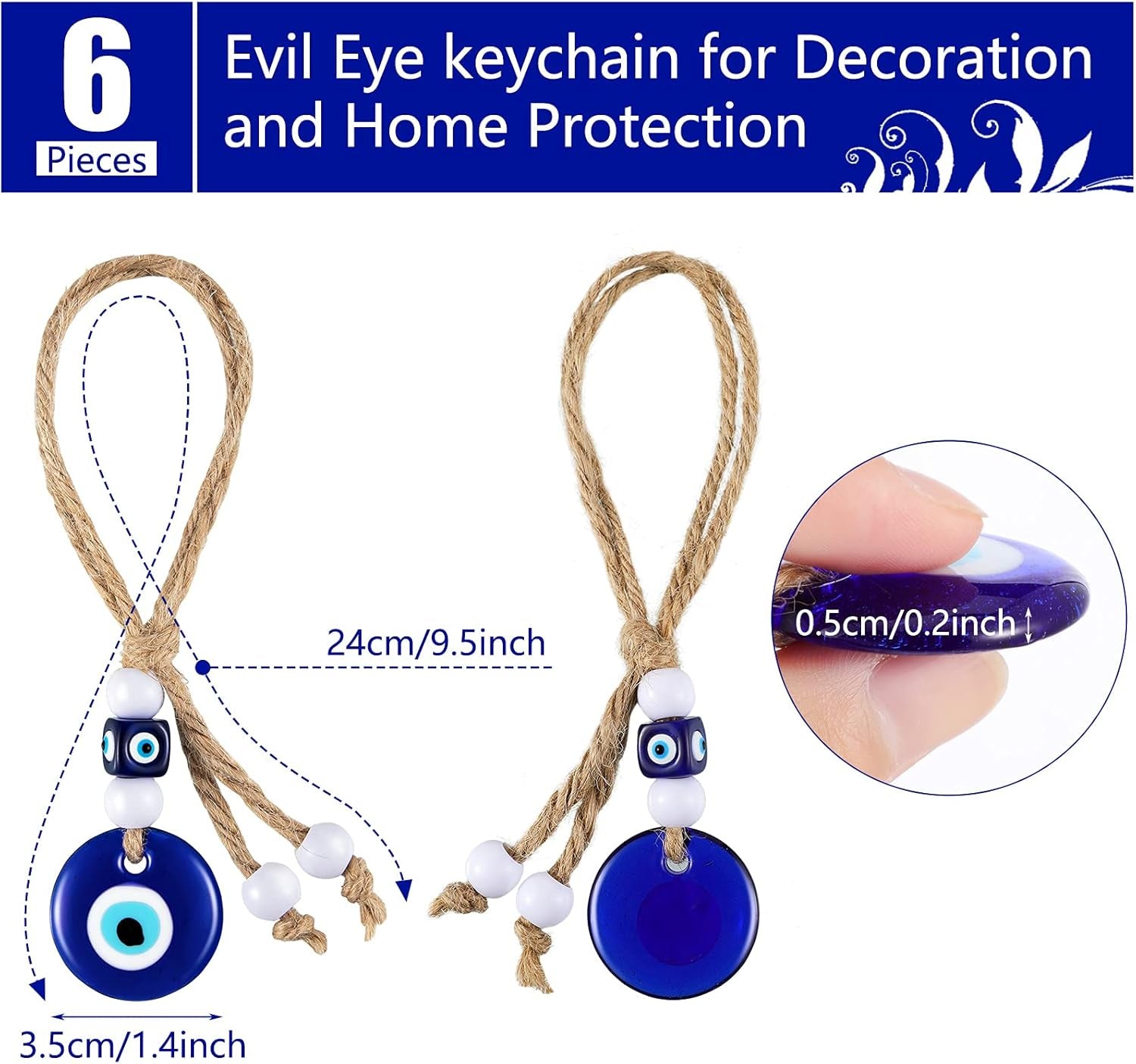 6 Pieces Turkish Blue Evil Eye Beads Charms Pendants Crafting Glass Beads Evil Eye Wall Hanging Ornament with Ropes for Keychain Jewelry Accessories Home Craft Decorations
