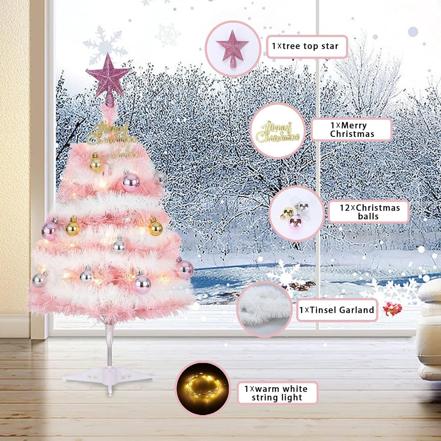 Small Pink Christmas Tree, 2Ft Mini Christmas Tree, Artificial Small Desktop Xmas Tree with Lights and Tree Ornaments, for Christmas Thanksgiving Decorations