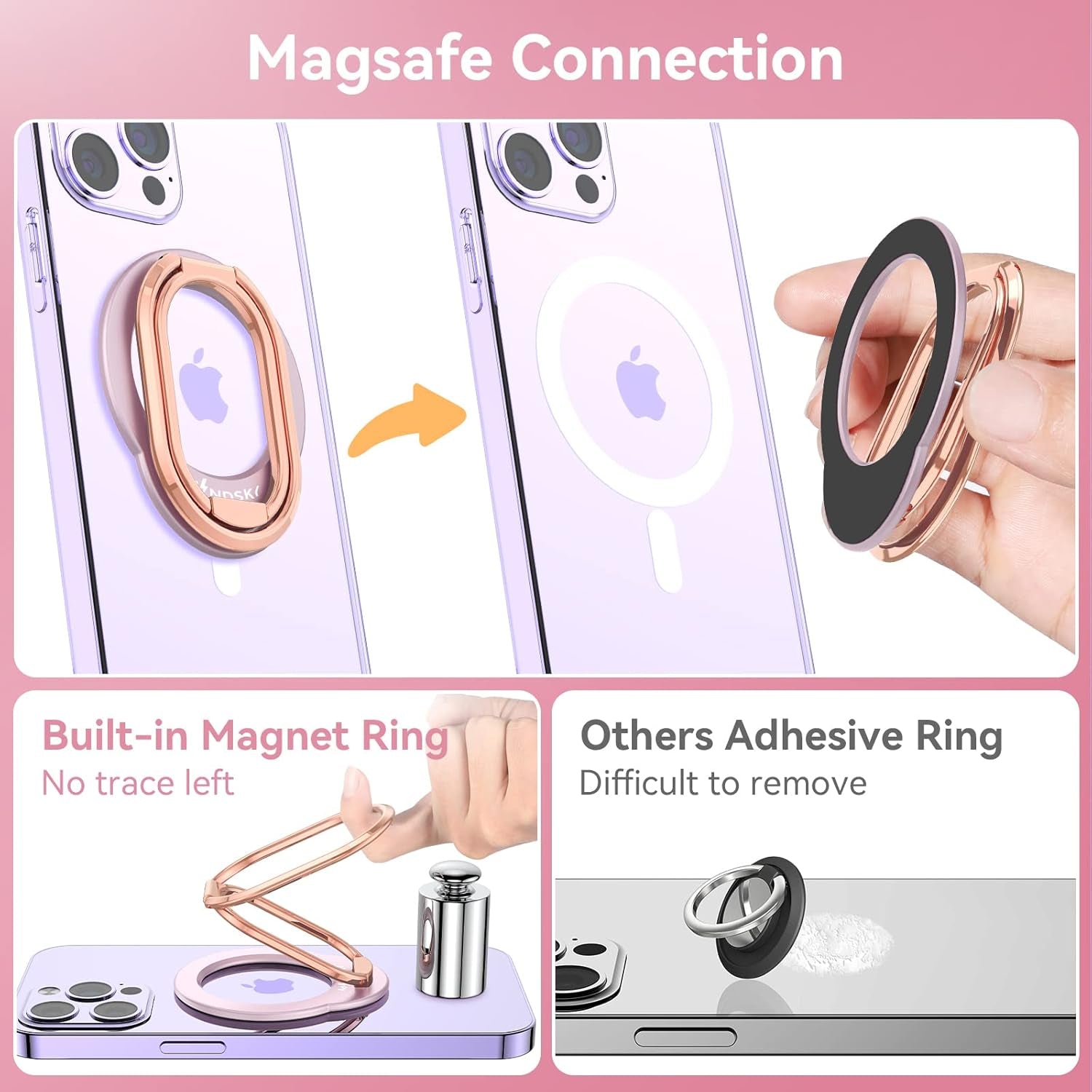 Mag-Safe Phone Stand Phone Grip Compatible with Iphone 12/13/14/15 Mini/Pro/Pro Max Accessories Removable Magnetic Finger Phone Ring Grip (Rosegold Pink)