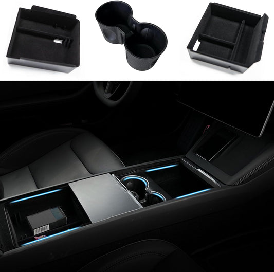 Center Console Organizer for Tesla Model 3 Highland 2024 Cup Holder Insert Flocked Armrest Storage Box Tray New Model 3 Highland Interior Accessories, 3PCS