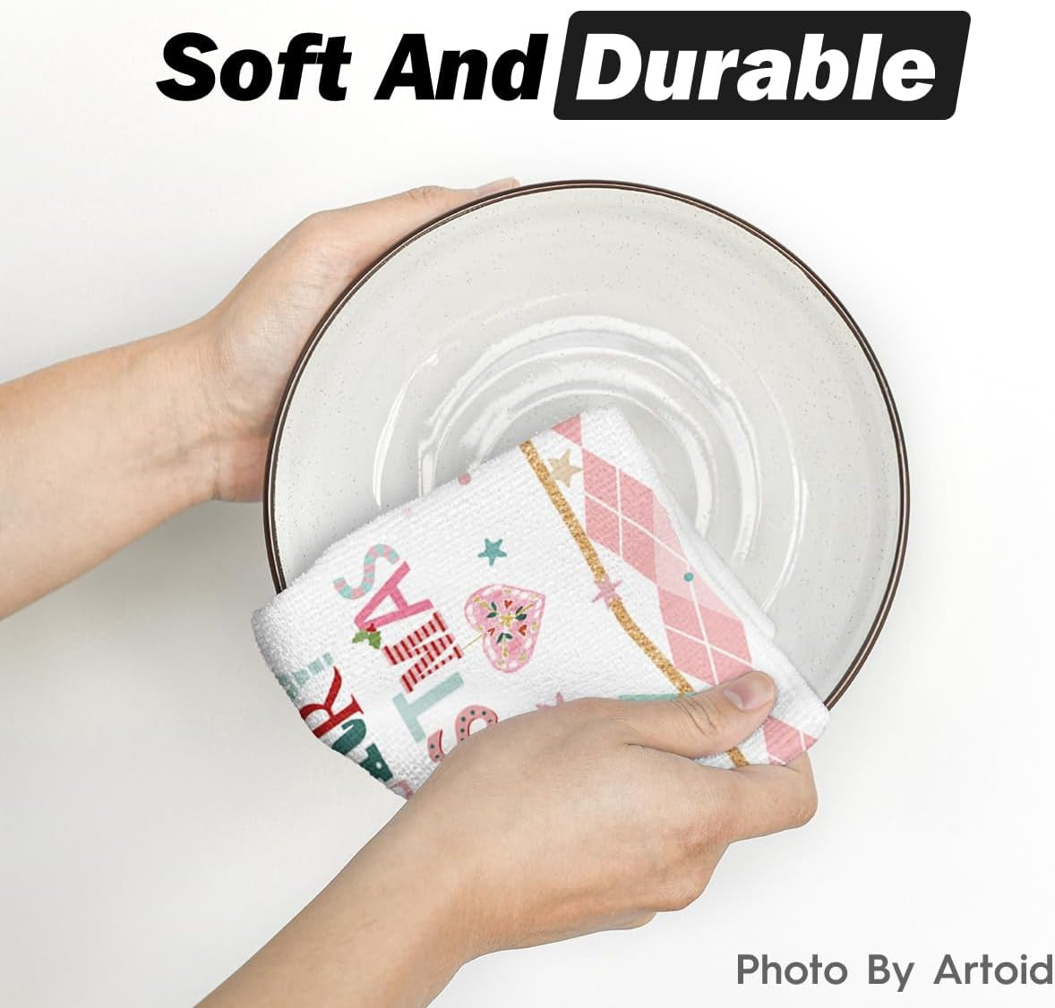 Pink Nutcrackers Tree Holly Jolly Merry Christmas Kitchen Towels Dish Towels, 18X26 Inch Seasonal Winter Xmas Decoration Hand Towels Set of 4