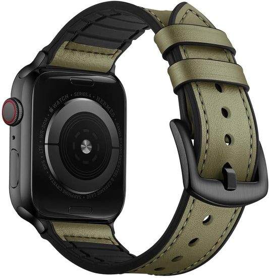 Compatible with Apple Watch Band 41Mm 40Mm 38Mm, Sweatproof Genuine Leather and Rubber Hybrid Band Strap for Iwatch Series 9 8 7 6 5 4 3 2 1 SE2 SE, Army Green Band with Black Adapter