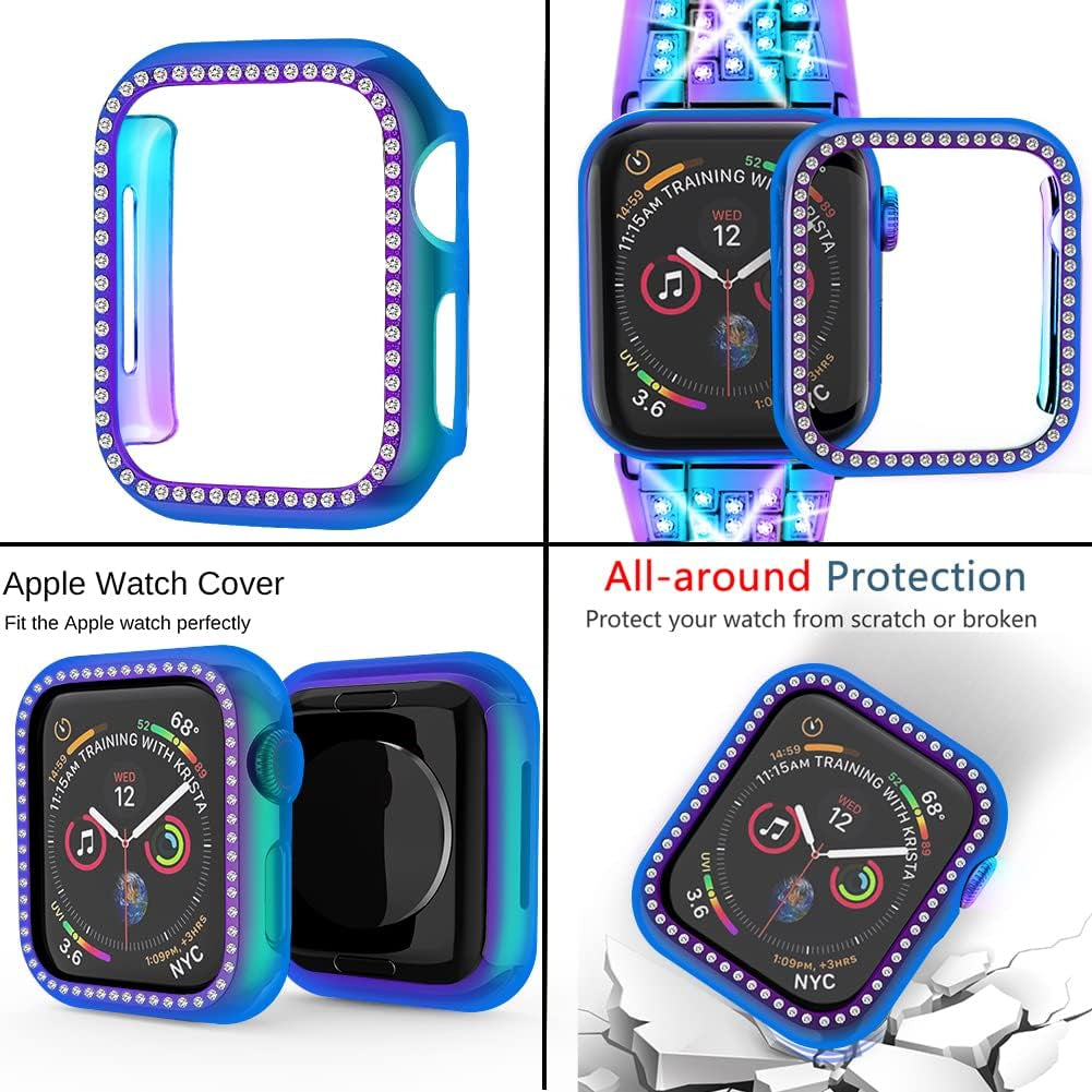 Compatible with Apple Watch Band 38Mm 40Mm 41Mm 42Mm 44Mm 45Mm 49Mm+ Case, Women Jewelry Bling Diamond Rhinestone Replacement Metal Strap& 2 Pack PC Protector Case for Iwatch Ultra 2/ Ultra Series 9/8/7/6/5/4/3/2/1/SE