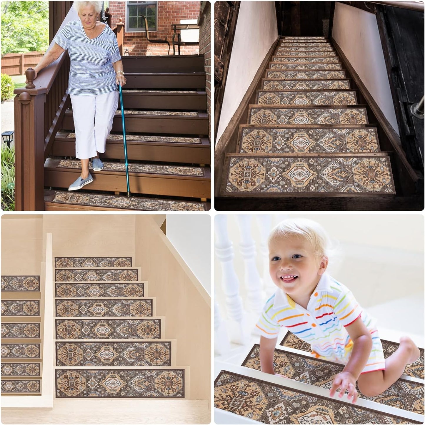 Non-Slip Carpet Stair Treads for Wooden Steps Indoor Set of 15 Pack 8" X 30" Peel and Stick Reusable Staircase Stair Runners Rugs, Soft Safety for Dogs, Kids & Elders, Stairway Grip, Brown