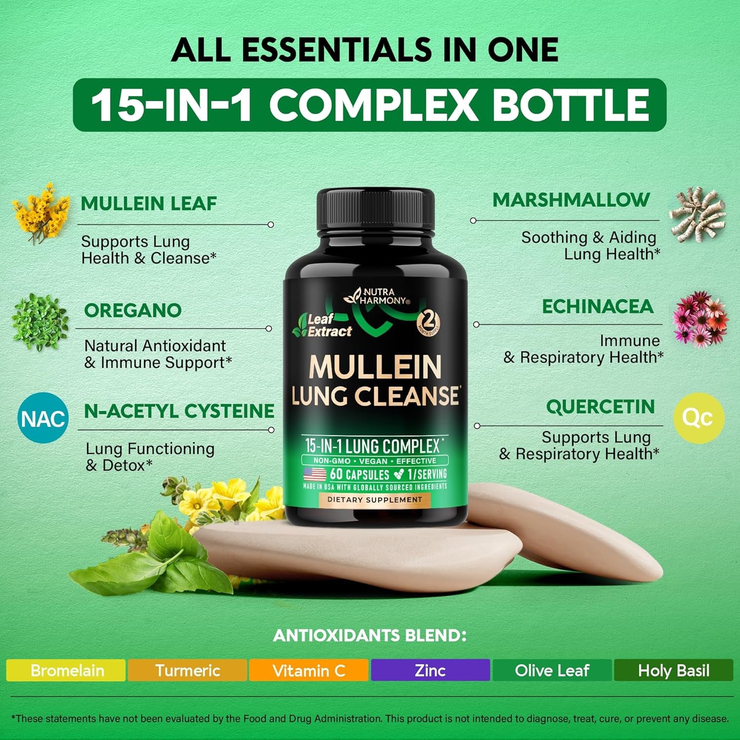 Mullein Leaf Extract for Lung Detox - Echinacea | Oregano | Quercetin | NAC - 15-In-1 Lungs Support Supplement - Lung Cleanse for Smokers - Made in USA - as Drops, Tea, Tincture, 60 Vegan Capsules TLBH