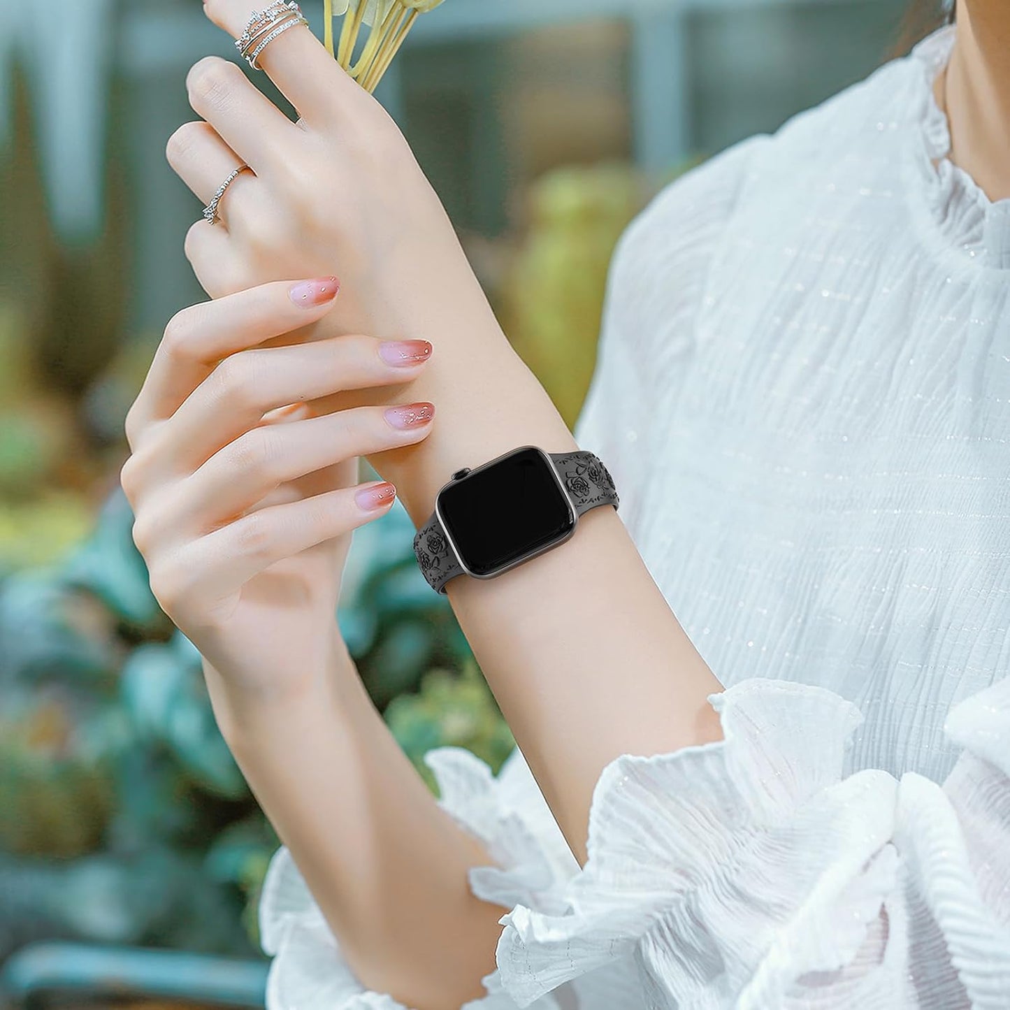 Floral Engraved Band Compatible with Apple Watch Band 40Mm 41Mm 38Mm 42Mm 44Mm 45Mm 49Mm Women, Designer Soft Silicone Cute Embossed Flower Strap for Iwatch Band Series SE Ultra 9 8 7 6 5 4 3 2 1