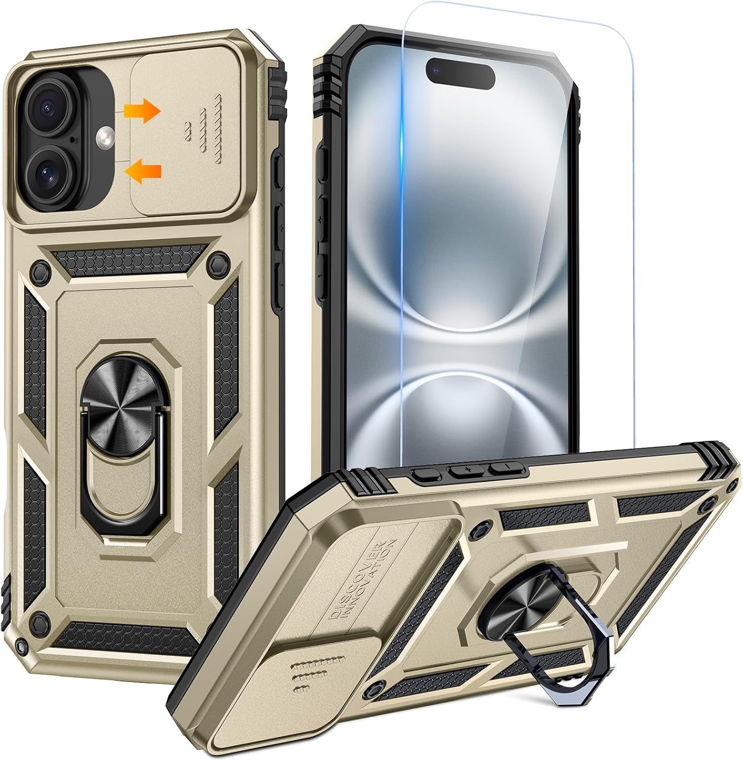 Compatible for Iphone 16 Case with Screen Protector - Slide Camera Cover Protective Phone Case with Ring Stand, Heavy Duty Shockproof Rugged Bumper for Iphone 16 Accessories Blue