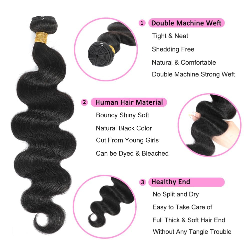Human Hair Bundles 14 16 18 Inch 3 Bundles Body Wave Bundles Human Hair 12A 100% Unprocessed Brazilian Virgin Human Hair Body Wave Human Hair Bundles Natural Color Human Hair Extensions