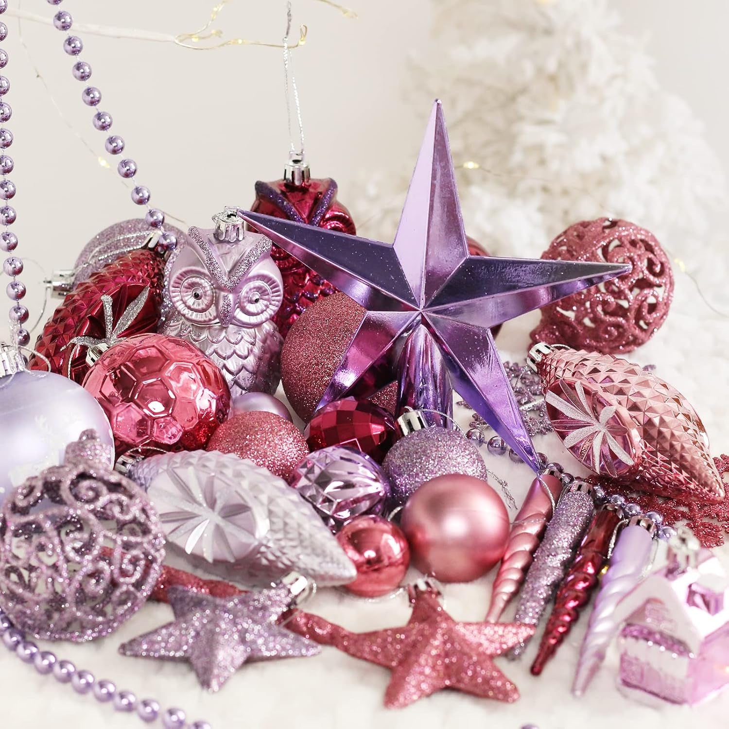 122 Pack Christmas Ball Ornaments Set, Plastic Shatterproof Christmas Hanging Decoration Hand-Held Package, for Home Xmas Tree Holiday Wedding Party Decor - Purple/Pink.