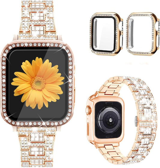 Compatible for Apple Watch Band with Screen Protector Case, Jewelry Replacement Band 45Mm 44Mm 42Mm 41Mm 40 Mm 38Mm 2 Pack Bling Protective Cover for Iwatch Series 9/8/7/6/5/4/3/2/1/SE Women