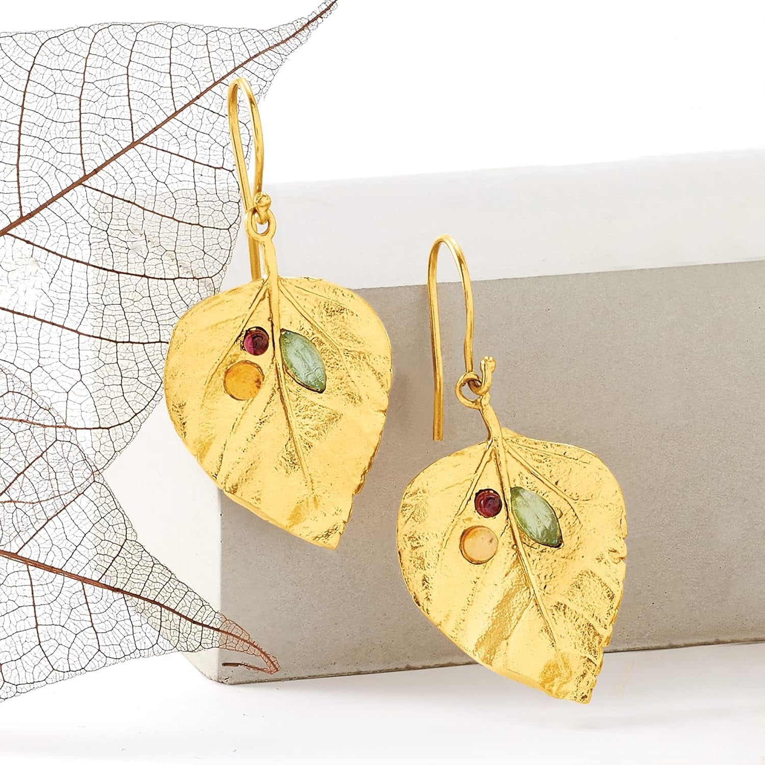 1.40 Ct. T.W. Multi-Stone Leaf Drop Earrings in 18Kt Yellow Gold over Sterling