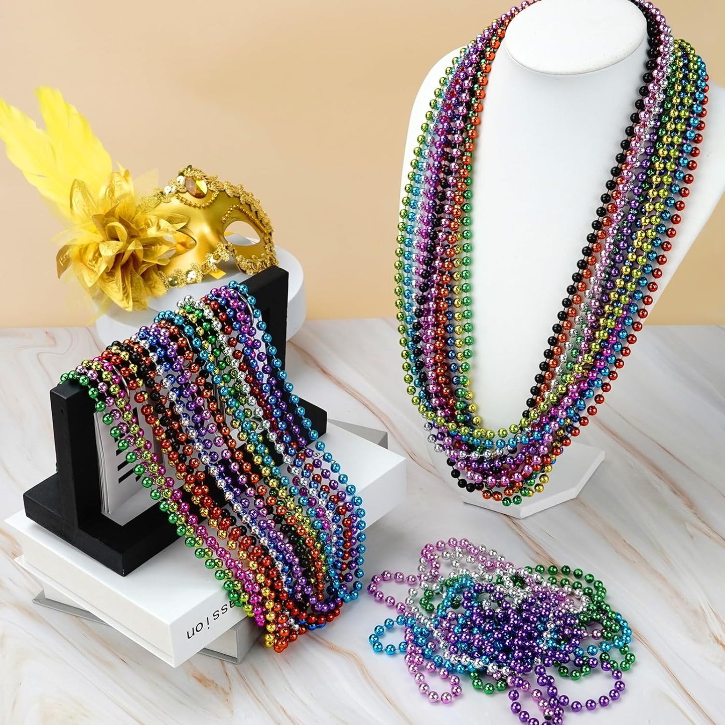 33'' 7Mm Metallic Colors Bead Necklace Bulk, Mardi Gras round Beaded Necklaces for Party Favors Costume Necklace (12 Pcs)