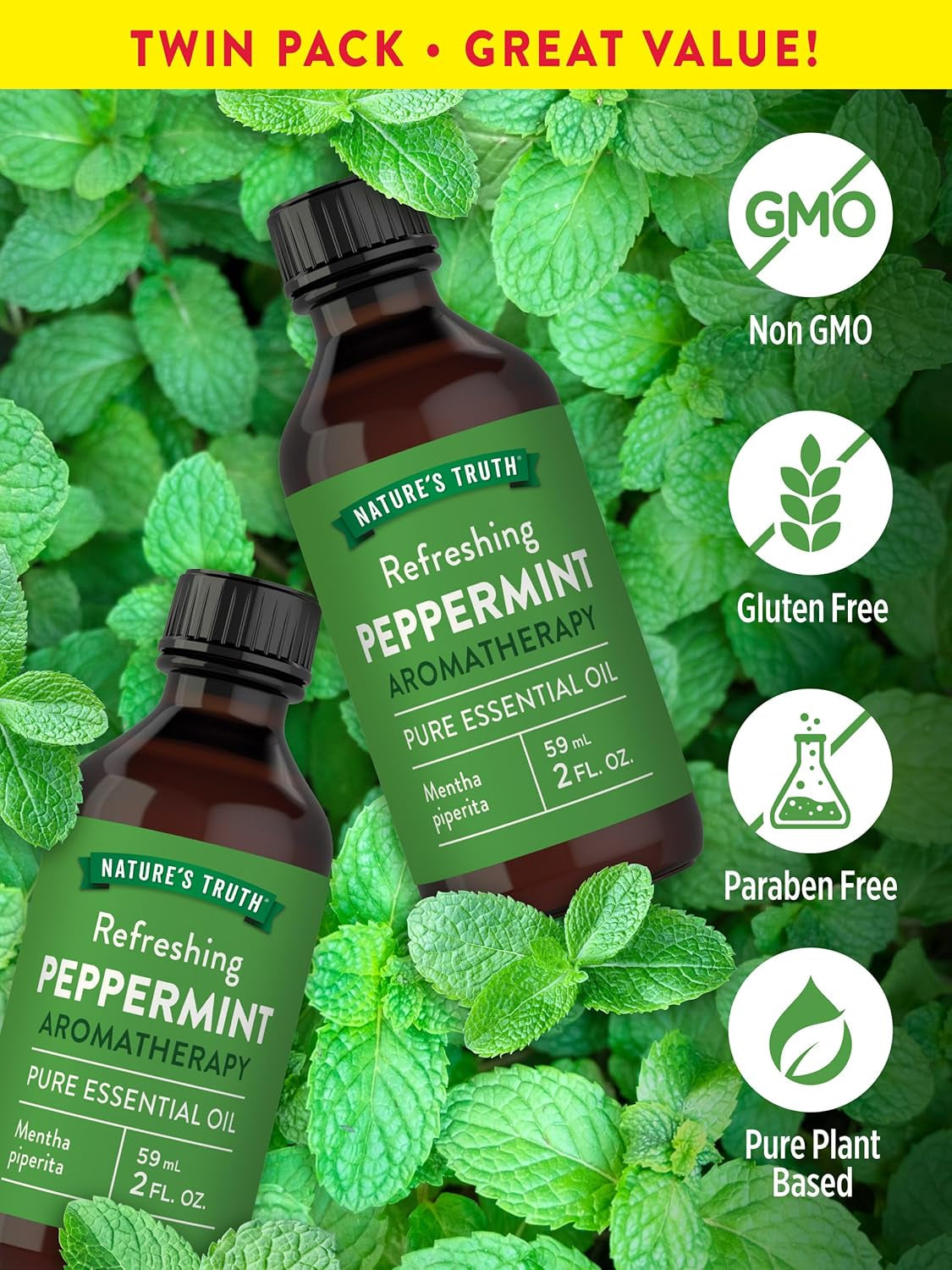 Peppermint Essential Oil | Diffuser, Shower, or Bath | 2 Pack of 2 Fluid Ounces (59 Ml) | Mentha Piperita TLBH