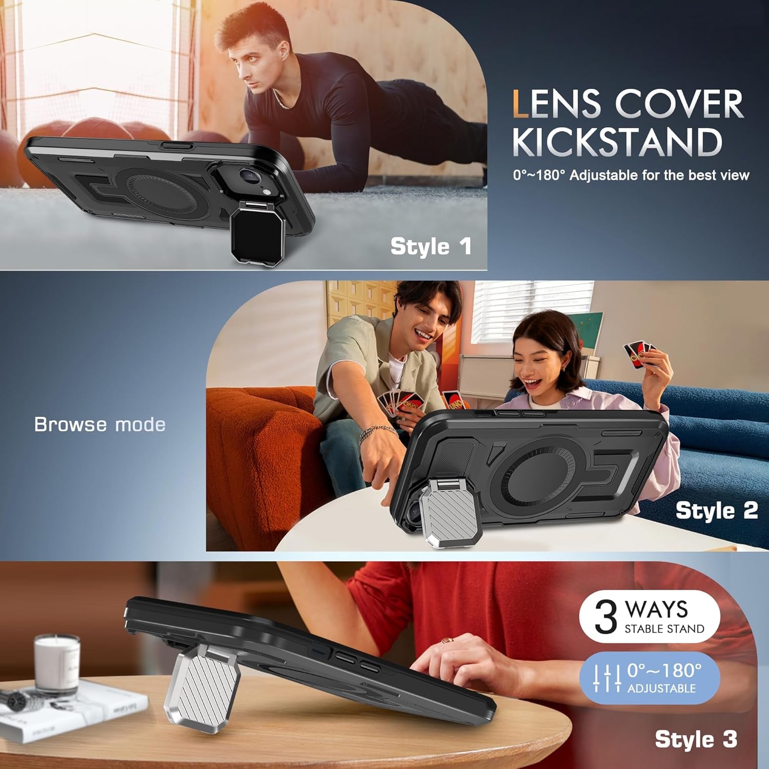 For Iphone 16E Case, 16E Case 2025 with Camera Cover Stand[Compatible with Magsafe] Heavy Duty Drop Shockproof Slim Protection Rugged Magnetic Phone Case for Iphone 16E Case 6.1",Black