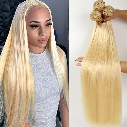 613 Blonde Bundles Human Hair Straight Hair 3 Bundles Human Hair 12A Brazilian Virgin Human Hair 613 Human Hair Weave Extensions 11Oz/Pak(Do200%-300% Density Wig)12 14 16Inch