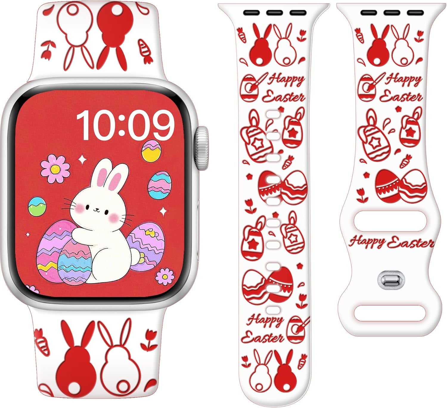 Easter Apple Watch Bands for Women Men 41Mm 42Mm 44Mm 45Mm 46Mm 49Mm 38Mm 40Mm,Soft Silicone Holiday Strap Easter Apple Watch Band for Apple Watch Series 10 9 SE 8 7 6 5 4 3 2 1 Ultra 2 1-Easter Rabbits & Eggs
