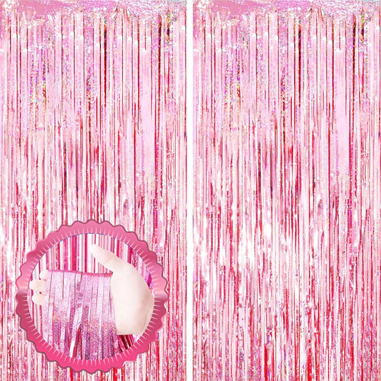 2 Pack Laser Pink Tinsel Foil Fringe Curtains, Pink Party Decorations, Metallic Tinsel Party Streamers Backdrop for Birthday Bachelorette Baby Shower Graduation Wedding Party Decorations