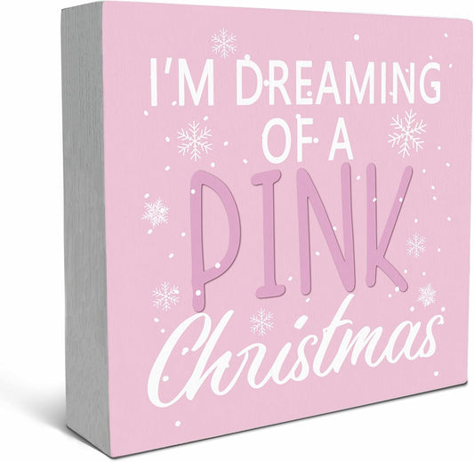 Im Dreaming of a Pink Christmas Wood Box Sign Desk Decor, Pink Christmas Decor Wooden Box Sign Decoration for Home Office, Pink Christmas Decorations, Pink Desk Decor Shelf Table Decor