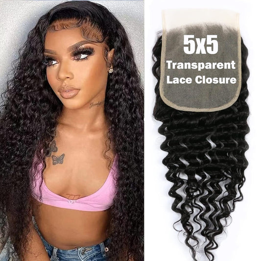 5X5 HD Lace Closure Human Hair Deep Wave Closure 12A Invisible Ultra-Thin HD Lace Closure Brazilian Virgin Remy Human Hair Pre Plucked with Baby Hair Natural Black Color (16 Inch)