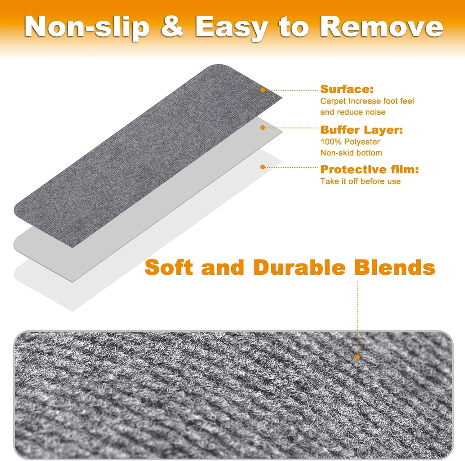 8X30In 15PCS Non-Slip Stair Treads Carpet, Self-Adhesive Stair Treads for Wooden Steps, Indoor Safety Staircase Step Treads, anti Slip Stair Runner Mats for Elders, Kids and Dogs (Light Grey)