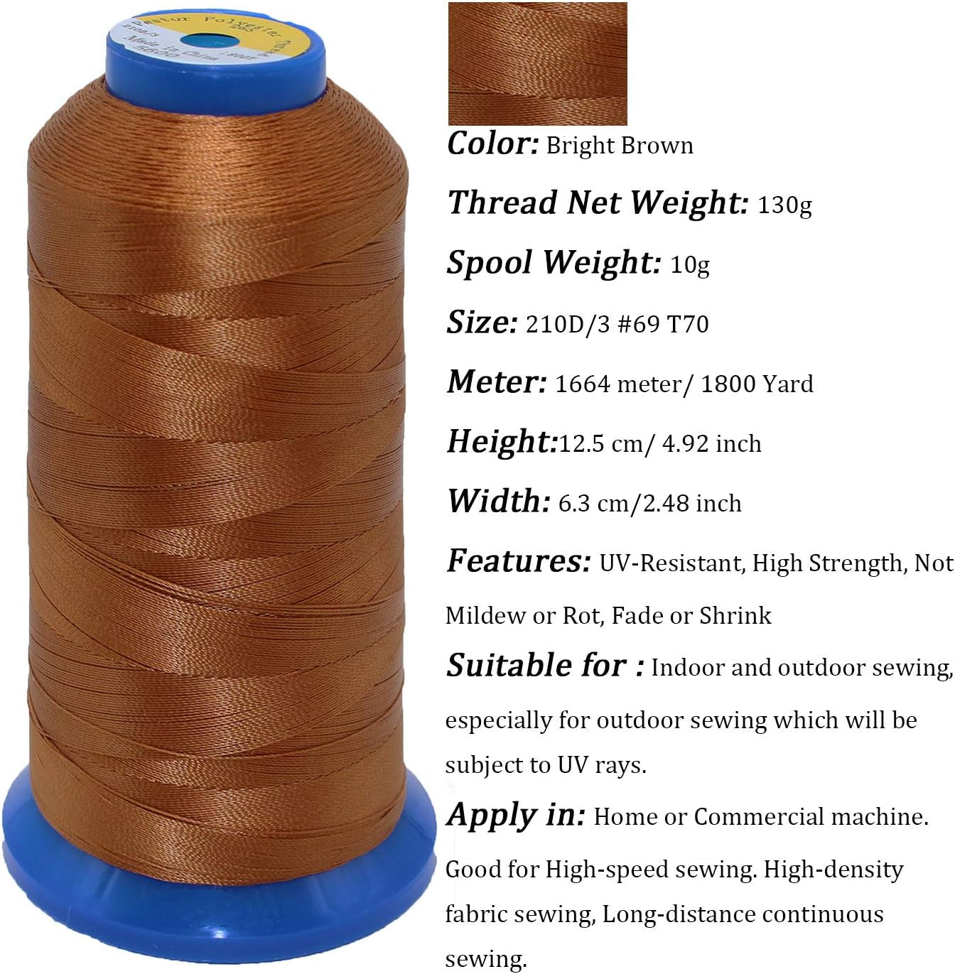 Heavy Duty Thread 1800 Yards Size T70#69 210D/3 All Purpose High Strength Polyester Sewing Thread for Weaves, Upholstery, Jeans and Weaving Hair, Drapery, Beading, Purses, Leather (Bright Brown)