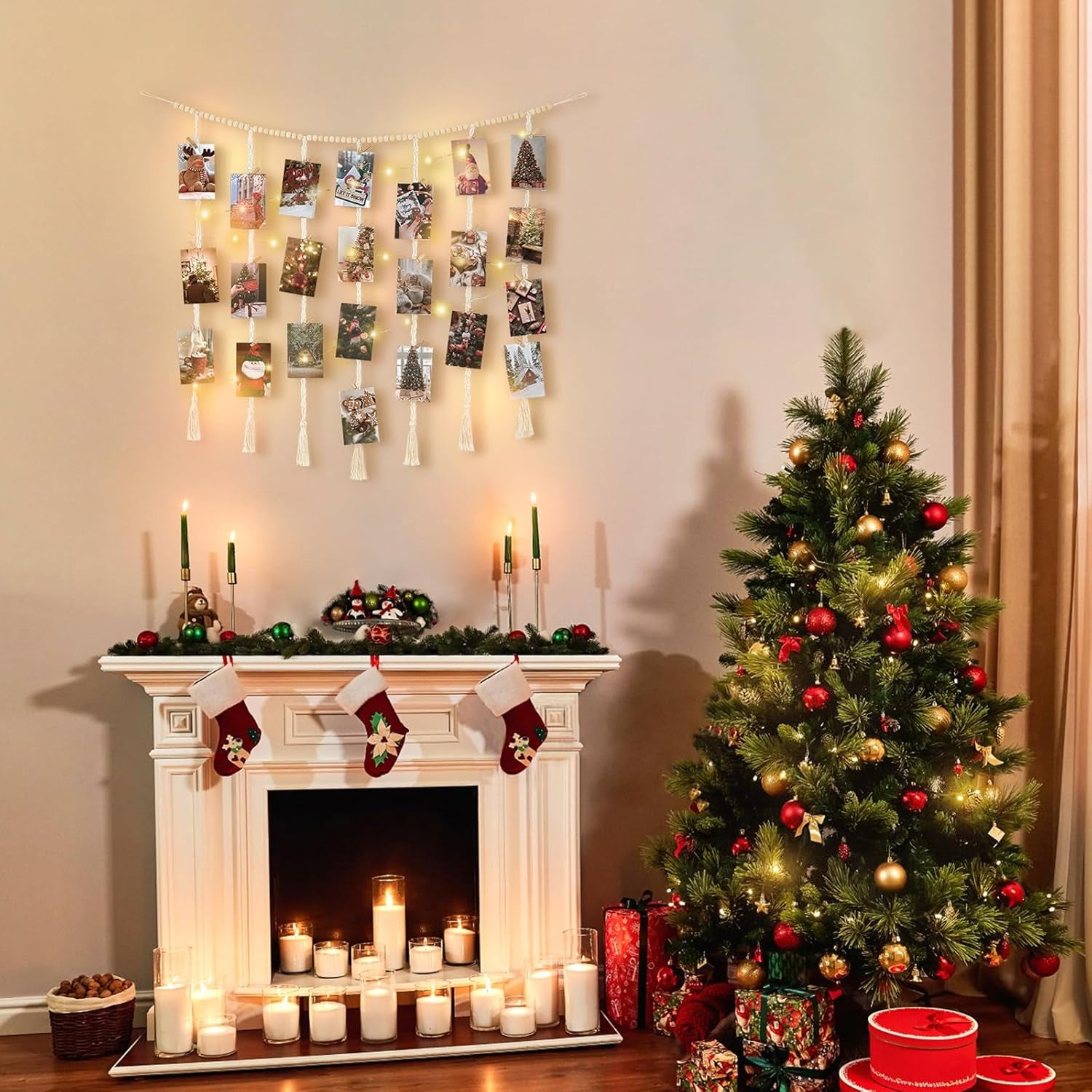 Macrame Hanging Photo Display Wall Decor with String Lights, Boho Wooden Beads Garland Collage Picture Card Frame Holder with 45 Clips for Bedroom Living Room Dorm, Teen Girls Christmas Gifts