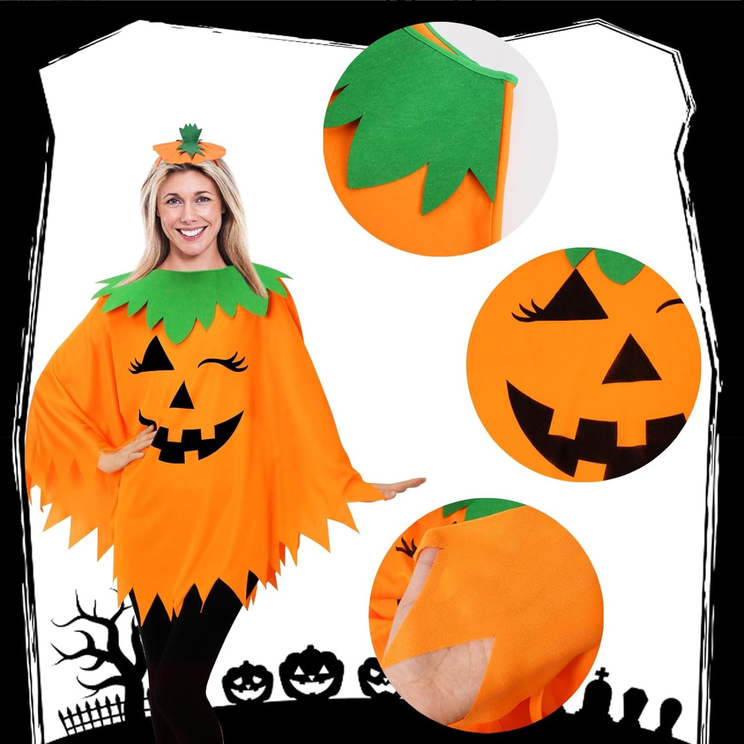 3PCS Halloween Pumpkin Costume for Women,Pumpkin Poncho for Adults with Headband & Bag,Halloween Costume for Women