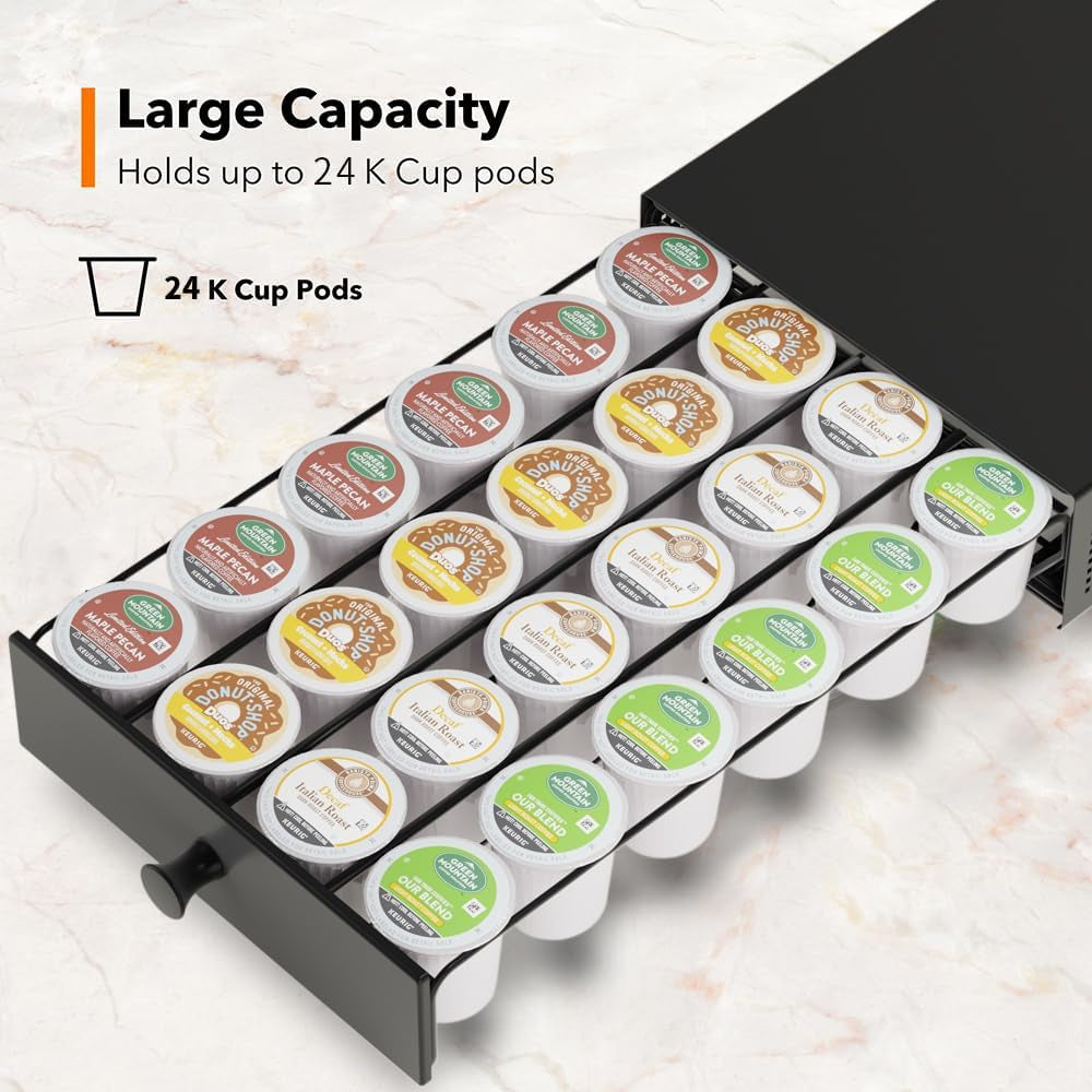 K Cup Organization Storage Drawer Maker K Cup Holder Coffee Pod Organizer Stand Tray Counter Rack Countertop Maker Stand Capsules Compatible with Keurig Accessories Holds 24 Pods