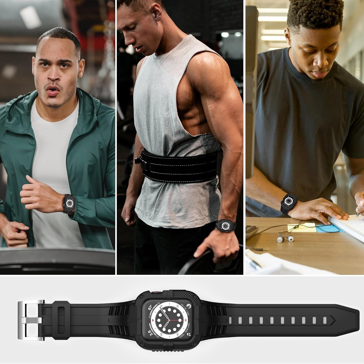Rugged Watch Band Compatible with Apple Watch Series 9 Band for 45Mm 44Mm 42Mm SE 9/8/7/6/5/4/3 for Men (45Mm/44Mm/42Mm, Black)