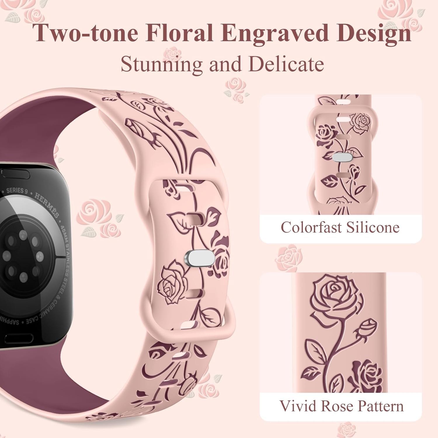 Floral Engraved Band Compatible with Apple Watch Bands 40Mm 41Mm 38Mm 44Mm 45Mm 42Mm 49Mm Women, Cute Two Tone Flower Soft Silicone Sport Strap for Iwatch Series 9 8 7 6 5 4 3 2 1 SE Ultra 2