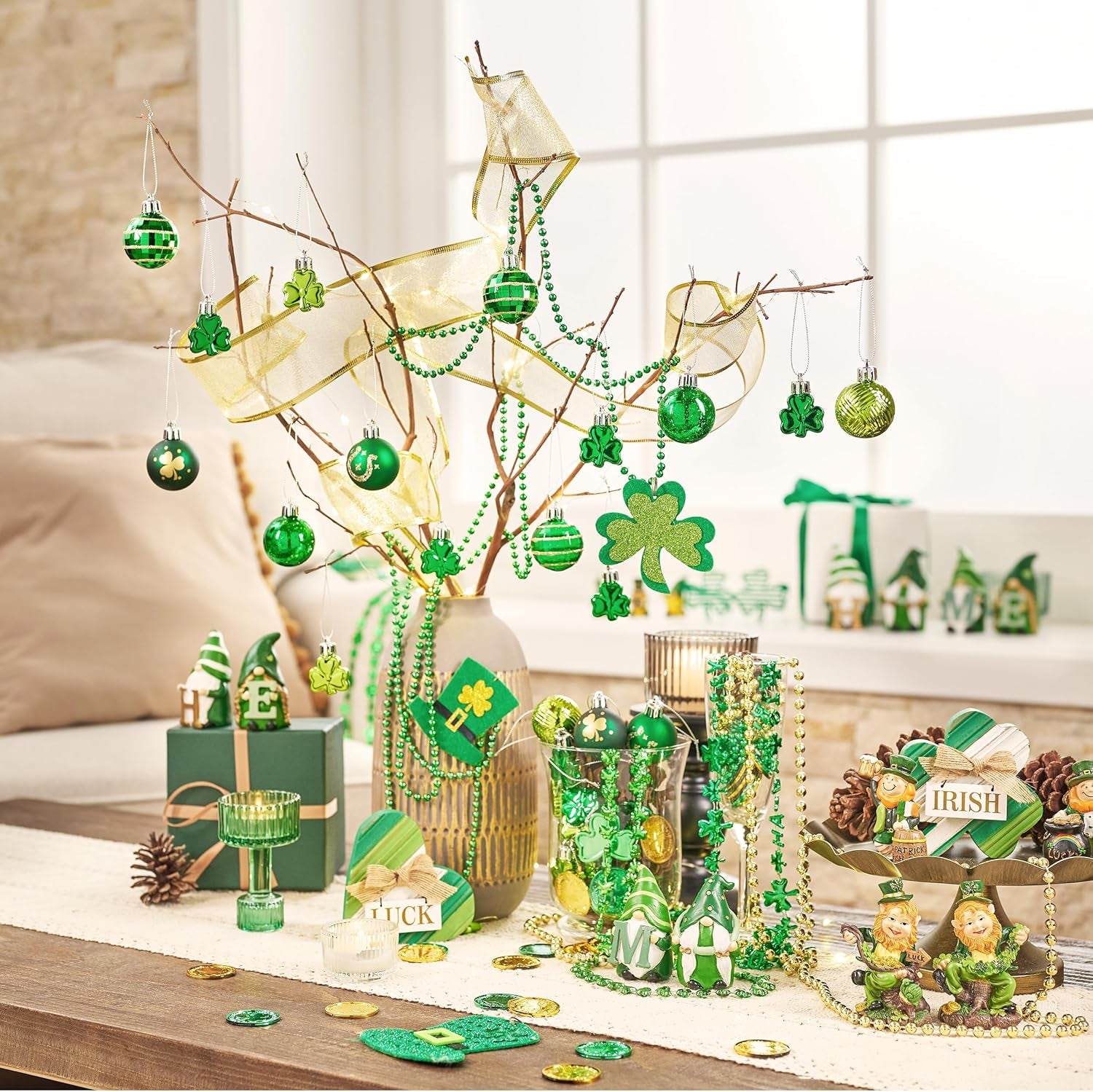 St Patricks Day Decorations Shamrock Tree Ornament Set, 28Ct 1.57Inch Hanging Ball Ornament Irish Festival Decor, Good Luck Clover Green Gold St. Patrick'S Ball for Party Home Spring