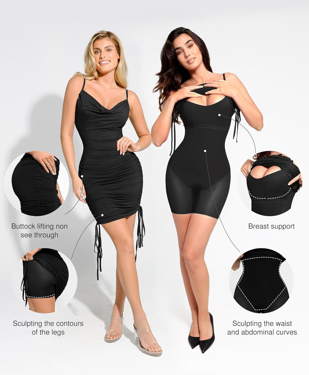 Shapewear Dress Mini Dress Tummy Control Drawstring Adjustable Dress Ruched Bodycon Dress for Women