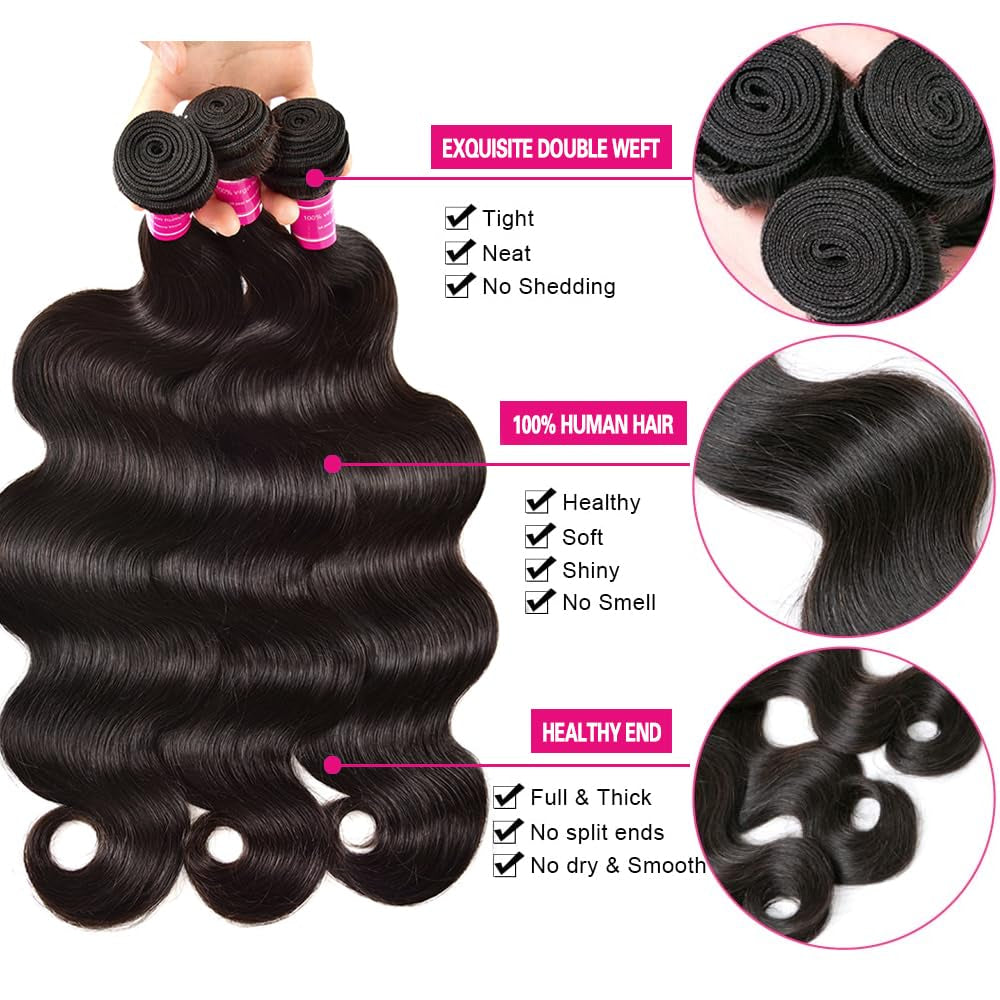 Body Wave Bundles with Closure Human Hair (16 18 20 +14) Brazilian Human Hair 3 Bundles with 4X4 HD Lace Closure Free Part 10A Grade 100% Unprocessed Virgin Hair Body Wave Bundles Natural Color