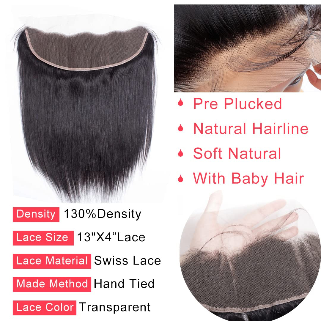 Straight 13X4 HD Lace Frontal Human Hair Extensions Ear to Ear HD Frontal Closure Brazilian Straight Transparent 130% Density Lace Frontal Human Hair