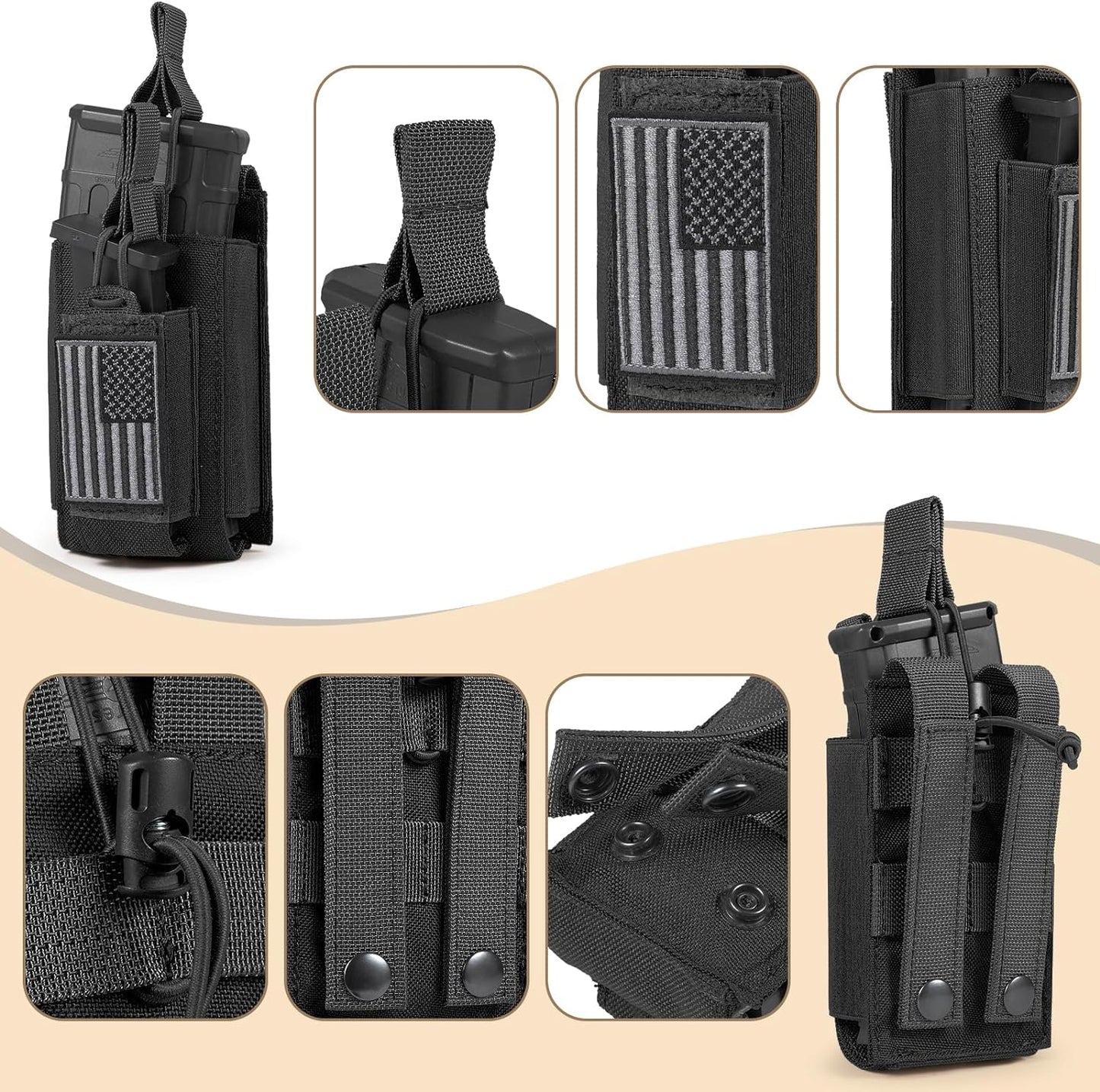 Open-Top Single/Double/Triple Molle Mag Pouch for 5.56Mm M4 M16 AK AR Glock M1911 9Mm Elastic Rifle Magazines Pistol Mag Pouches Holder Carrier with USA Flag Patch