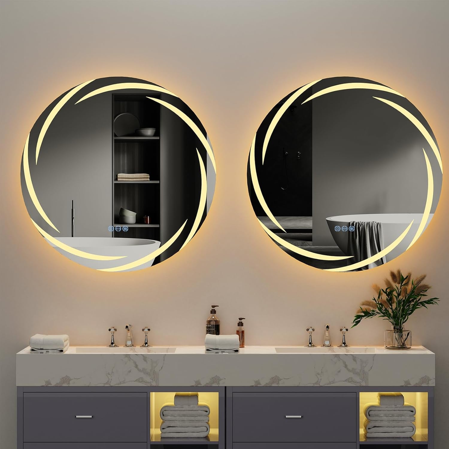 round LED Bathroom Mirror: 24” Circle Lighted Dimmable Wall Mounted Vanity Mirror with Bright Backlit - Smart Mirror anti Fog with Touch Switch for Restroom Bedroom Living Room