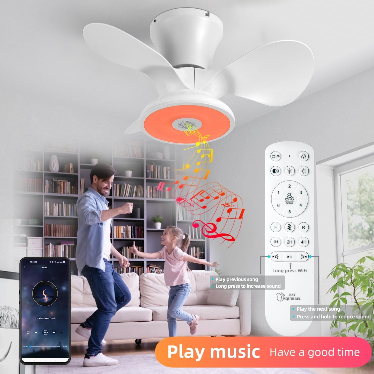 Smart Wifi Flush Mount Ceiling Fan with Lights,Bluetooth Ceiling Fan with Speaker and Remote/App/Alexa Control,Dimmable RGB Light,Low Profile 6 Speeds Reversible Blades for Bedroom Kitchen Living Room