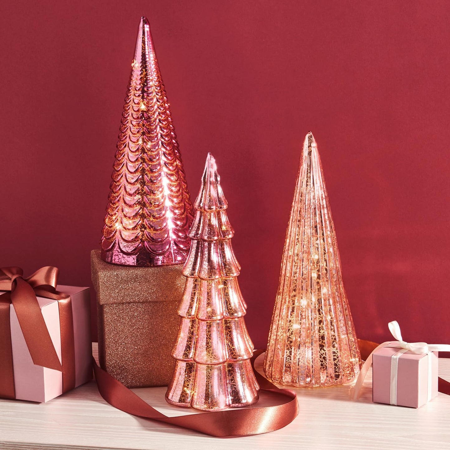 Table Top Christmas Tree Decorations with Fairy Lights, Set of 3 Assorted Trees, 10 Inch Tall, Pink Mercury Glass Finish, Batteries Included, Holiday Table Centerpiece and Mantle Decor