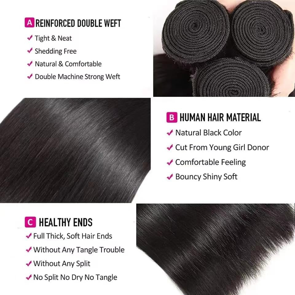 Straight Bundles Human Hair 14 16 18 Inch Brazilian Virgin Straight Human Hair Bundles 3 Bundles Human Hair Straight Hair Bundles Deals for Woman(100G/1 Bundle，300G /Lot)