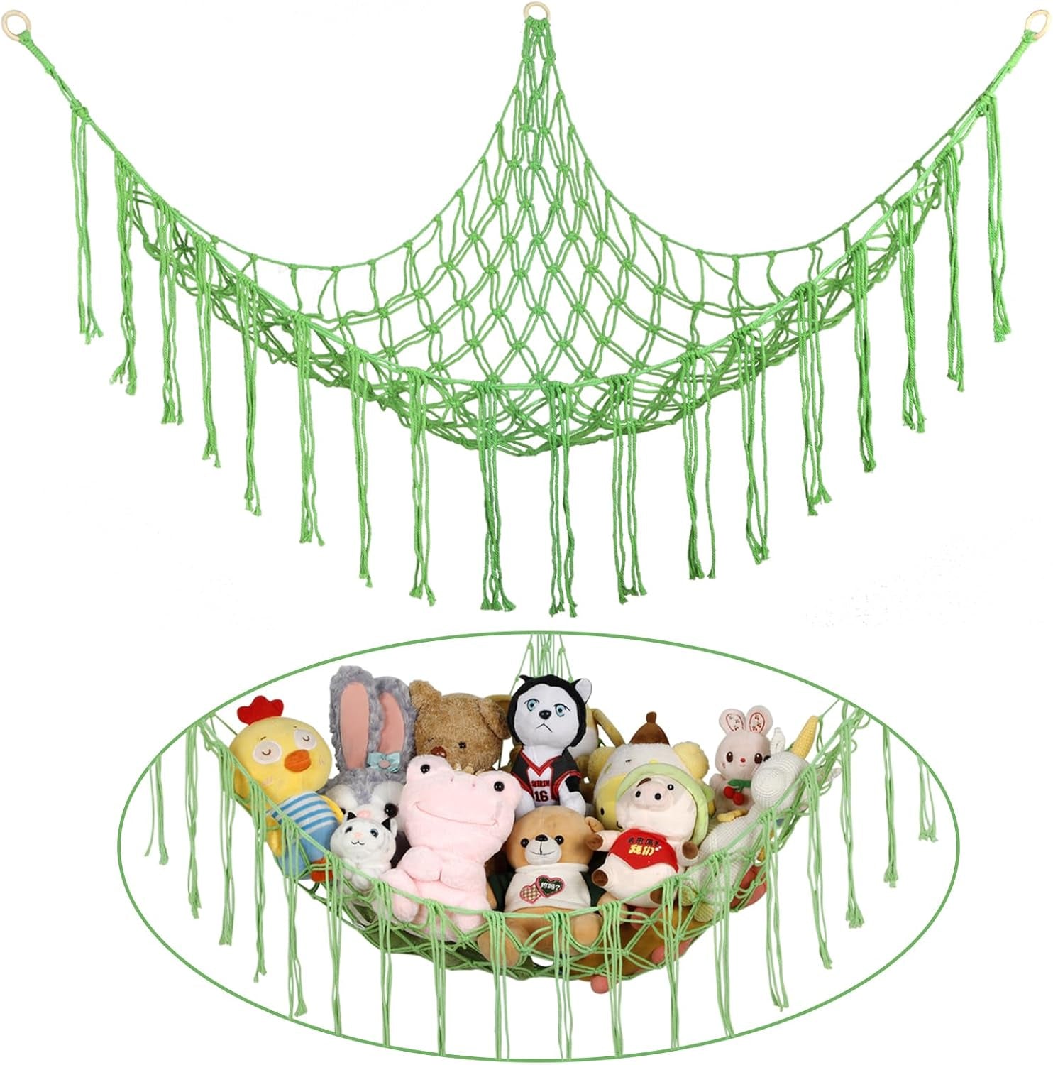 Boho Stuffed Animals Net or Hammock Large,55 Inch Toy Hammock Macrame Stuff Animal Storage Corner Hanging Net Holder,Mesh Hammock Plush Toy Organizer with Hooks for Bedroom,Nursery (Light Green)