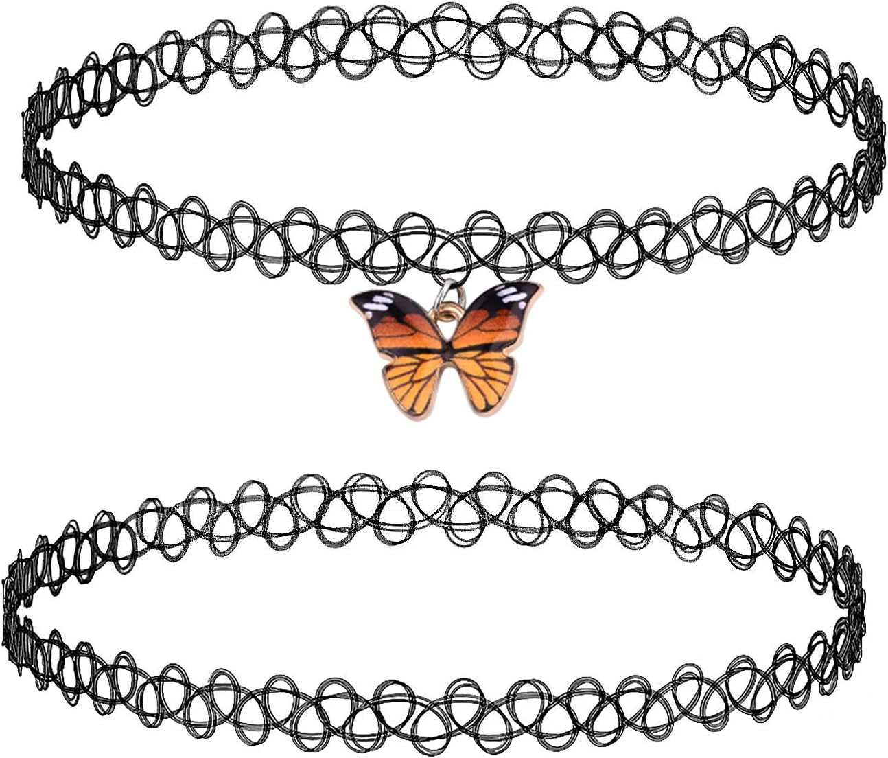 2PC Tattoo Choker Necklace - 90S Choker Necklace Women - 2000S Y2K Black Chokers Rainbow Choker - Butterfly Ying Yang Unicorn Rainbow Charms - Stretchy Elastic Necklace