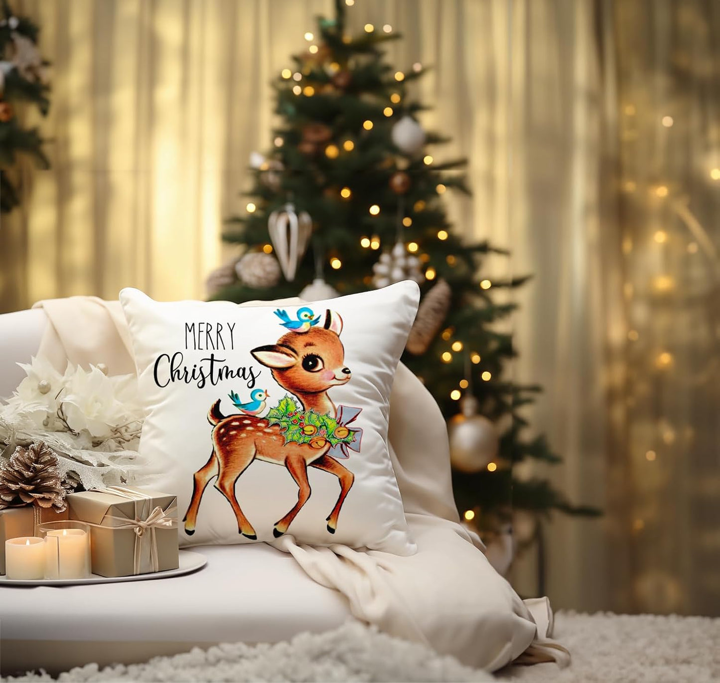 Christmas Decorations Pillow Covers 18×18 Set of 4 Snowflake Santa Snowman Merry Christmas Deer Bird Candy Cane Xmas Winter Holiday Throw Pillows Christmas Decor Cushion Cases Blue-18