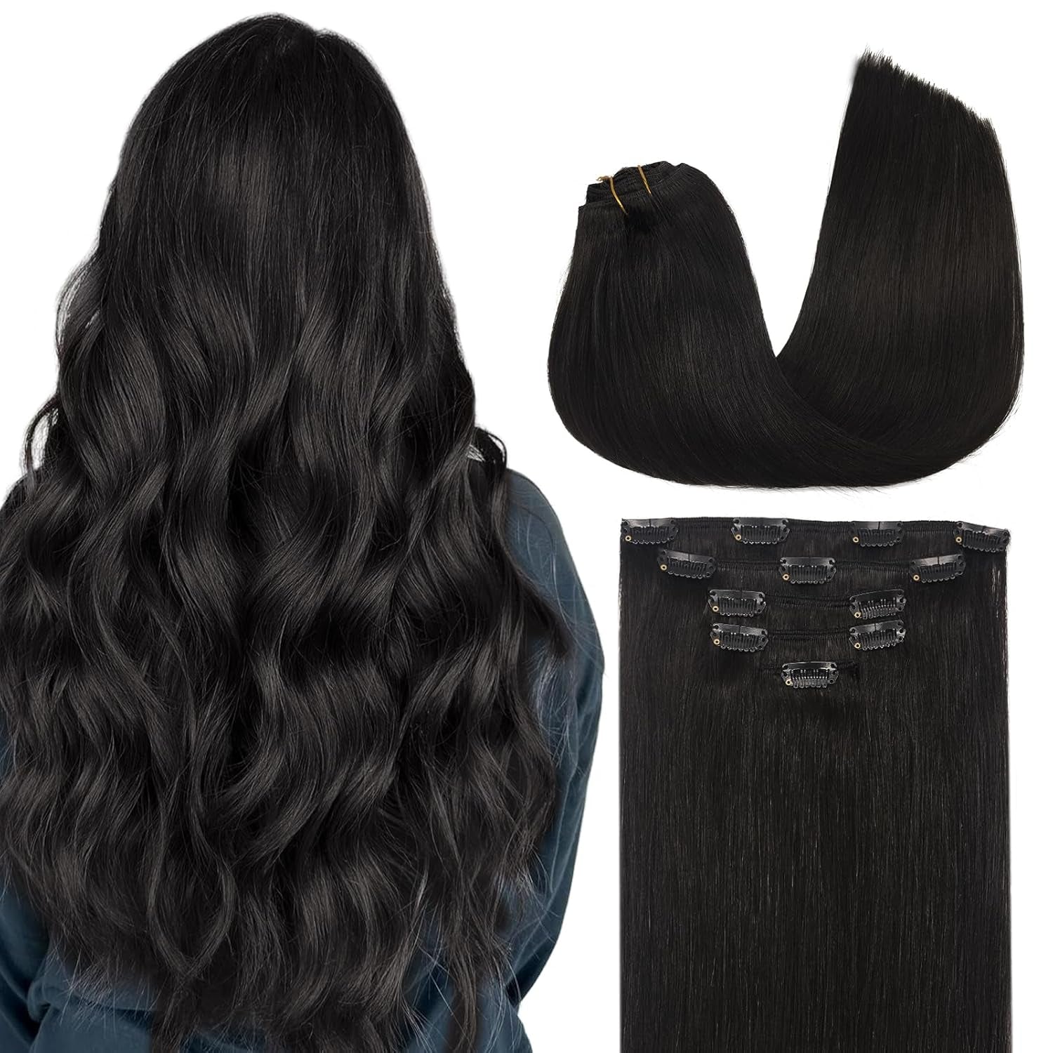 Clip in Hair Extensions Real Human Hair, 16 Inch 5Pcs 80G Natural Black Hair Extensions, Real Hair Extensions Clip in Human Hair Natural Straight Hair Extensions for Woman