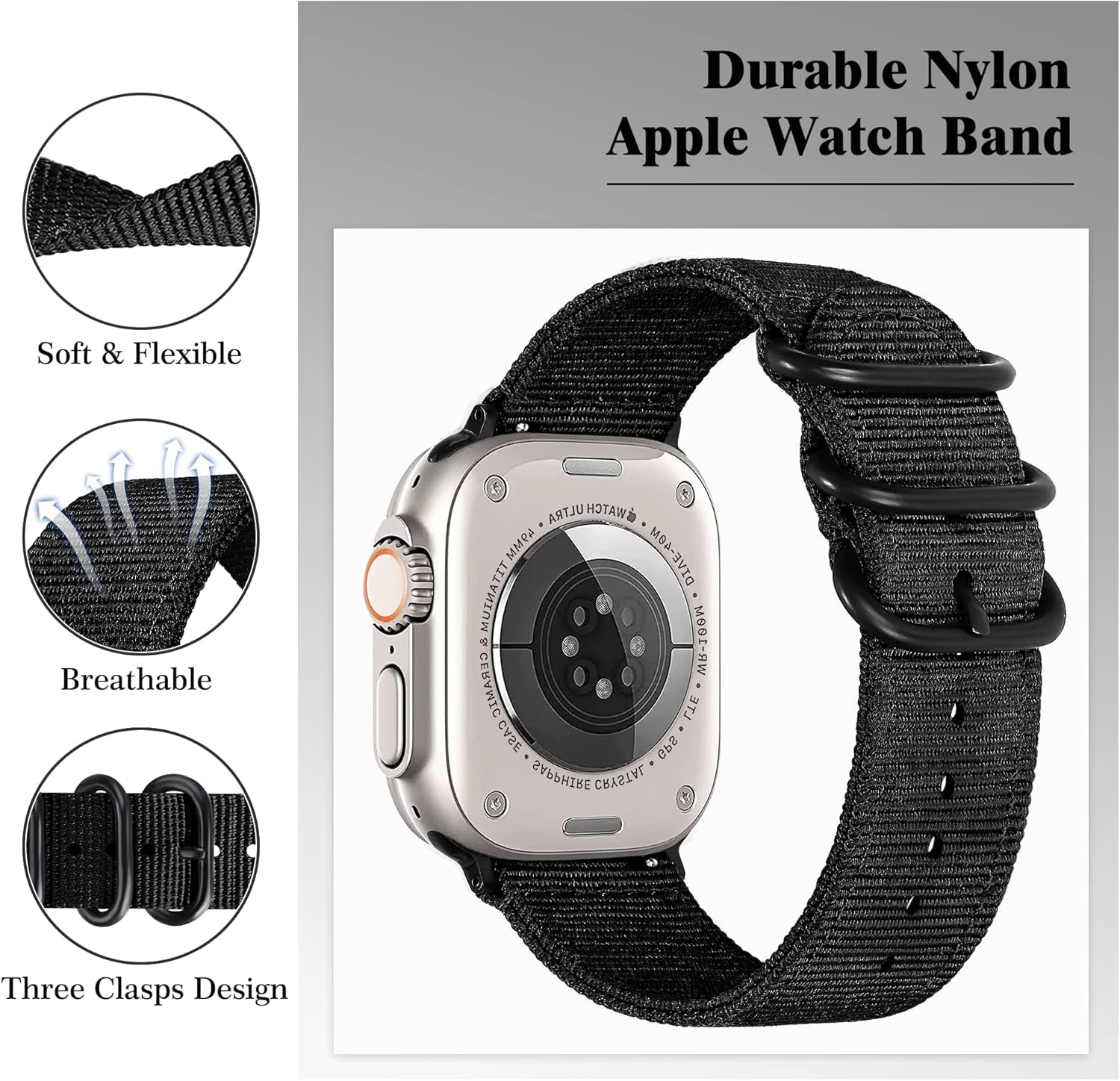 Breathable Nylon Band with Three Loop for Apple Watch Band 41Mm 40Mm 38Mm, Light Military Outdoor Sport Iwatch Bands for Men, Cool Rugged Tough for Apple Watch Bands Series 8 7 6 SE 5 4 3 2 1(Black)