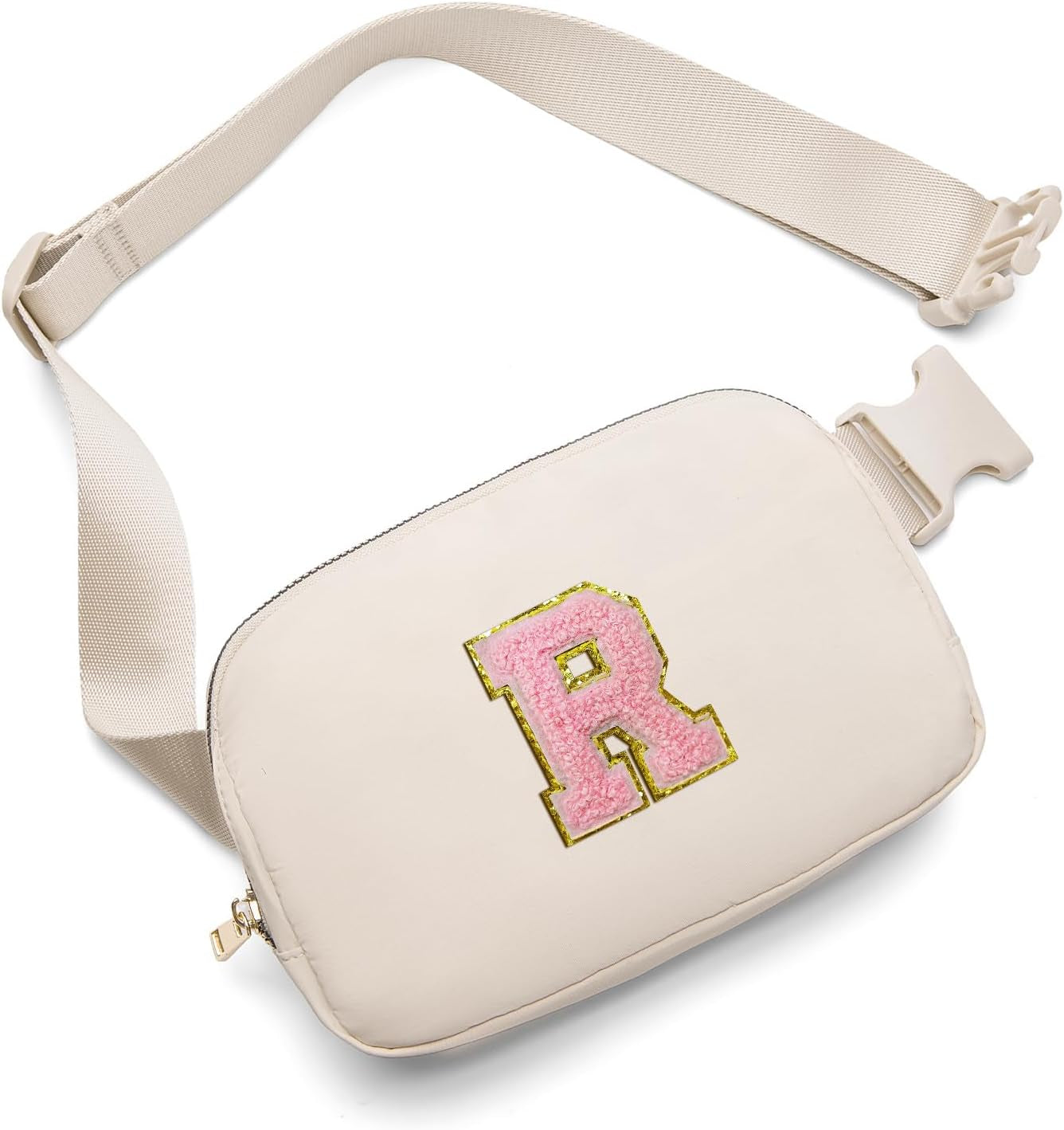 Belt Bag Fanny Pack Crossbody Bags with Initial Letter Patch Cute Stuff Birthday Gifts for Teenager Girls Cool Stuff for Teens Trendy Preppy Stuff for Teen Girls (Beige-A)