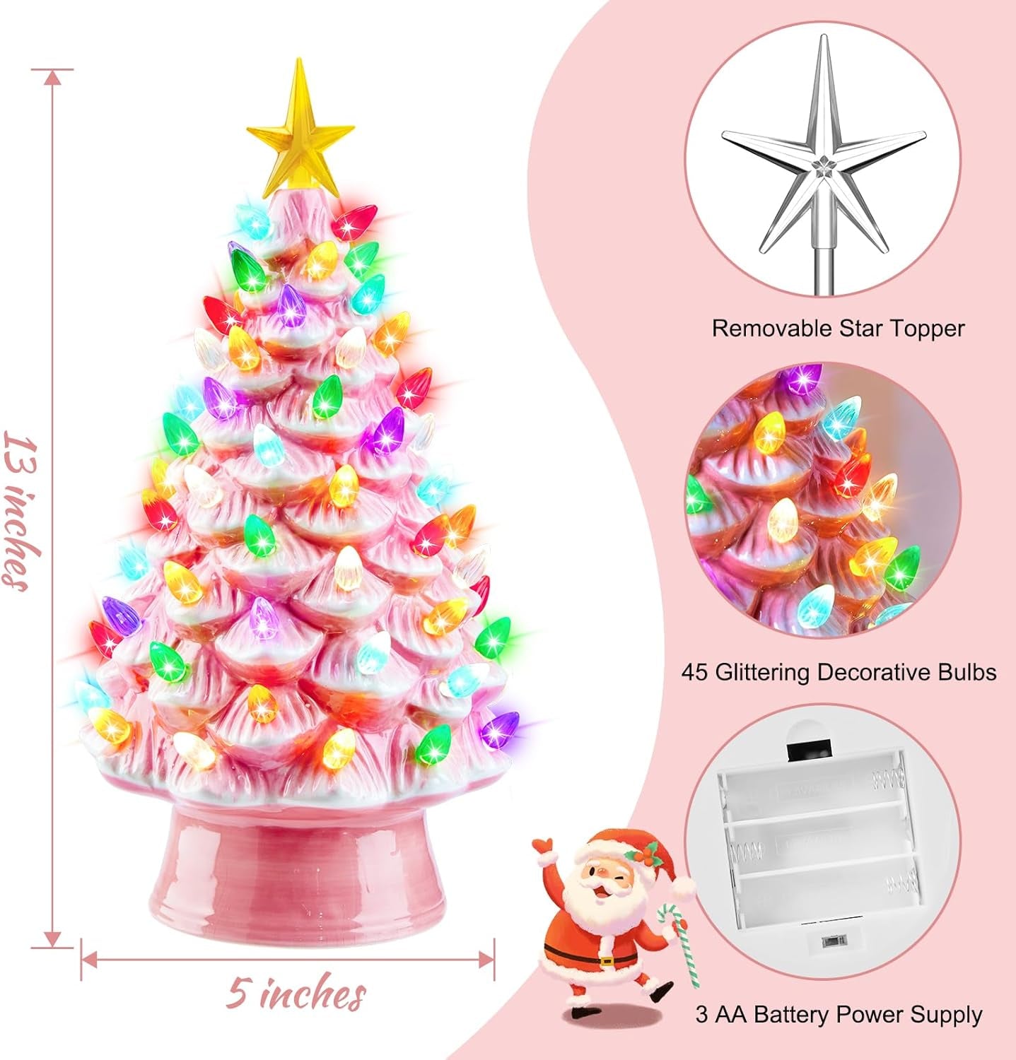13 Inch Ceramic Christmas Tree, Pre-Lit Tabletop Christmas Tree with Multicolored LED Lights and Star, Battery Operated Valentine'S Day Lighted Ceramic Tree for Home Table Holiday Decorations