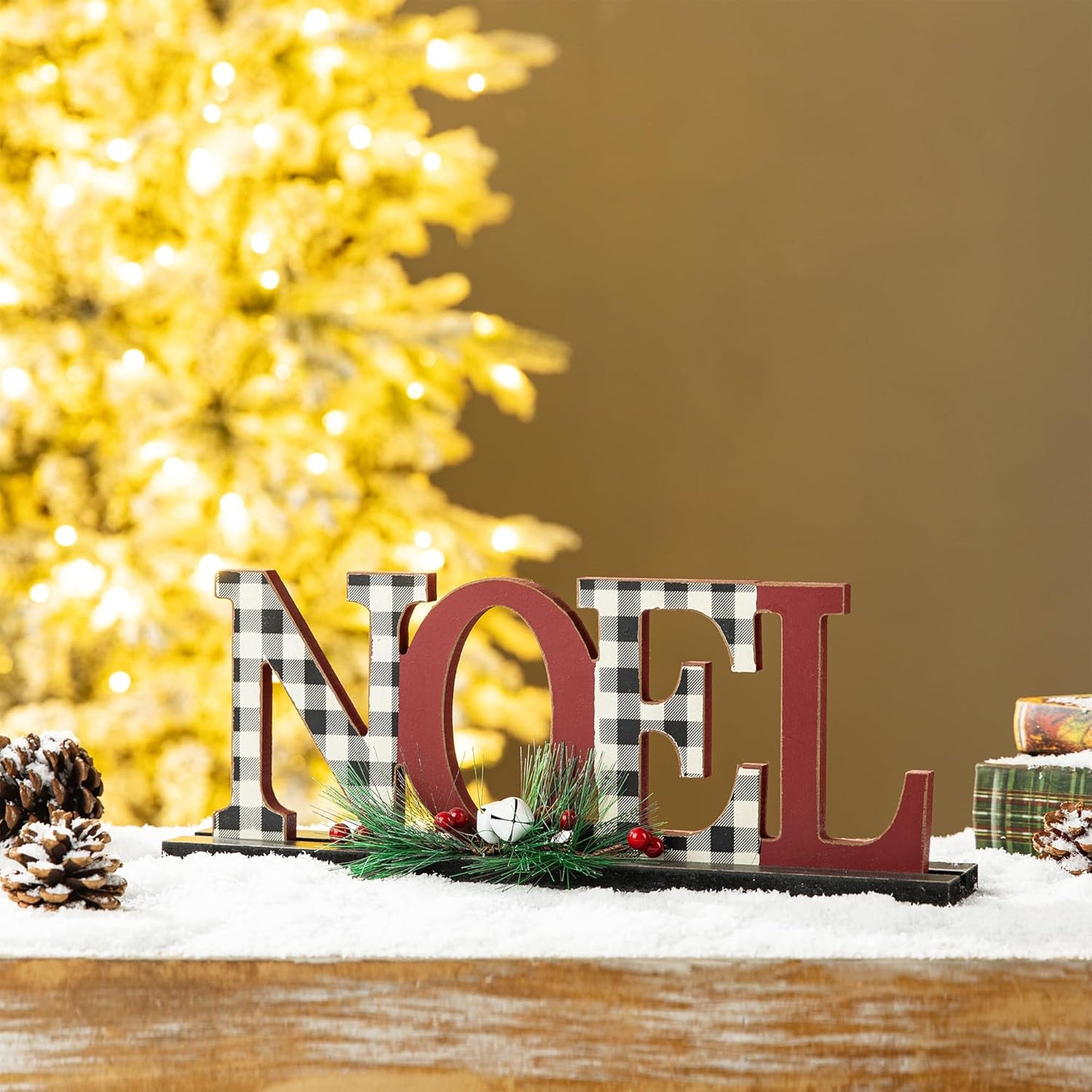 Wooden Noel Christmas Table Centerpiece Decoration, 14.96 Inches Noel Decorative Display Sign on Table Fireplace, Rustic Xmas Table Desk Decor for Home and Kitchen